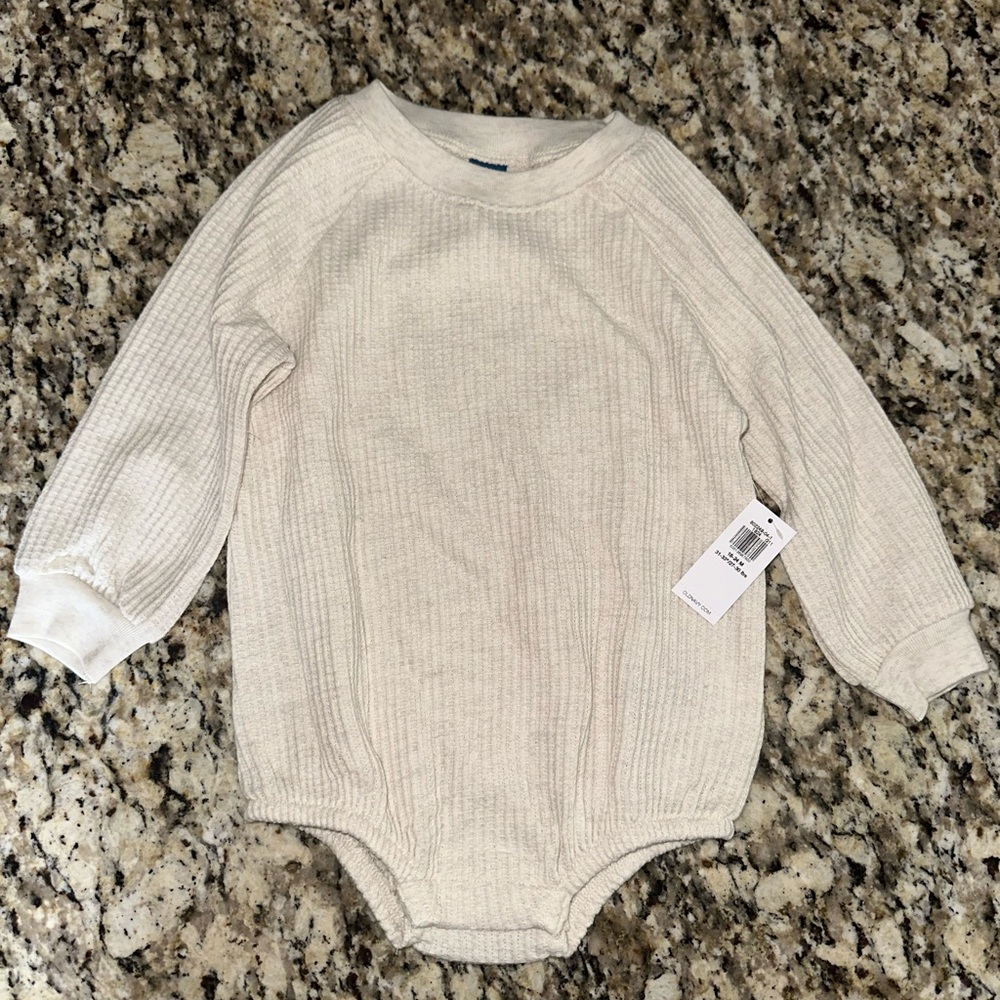 Old Navy Cream Ribbed Long-Sleeve Baby One-Piece